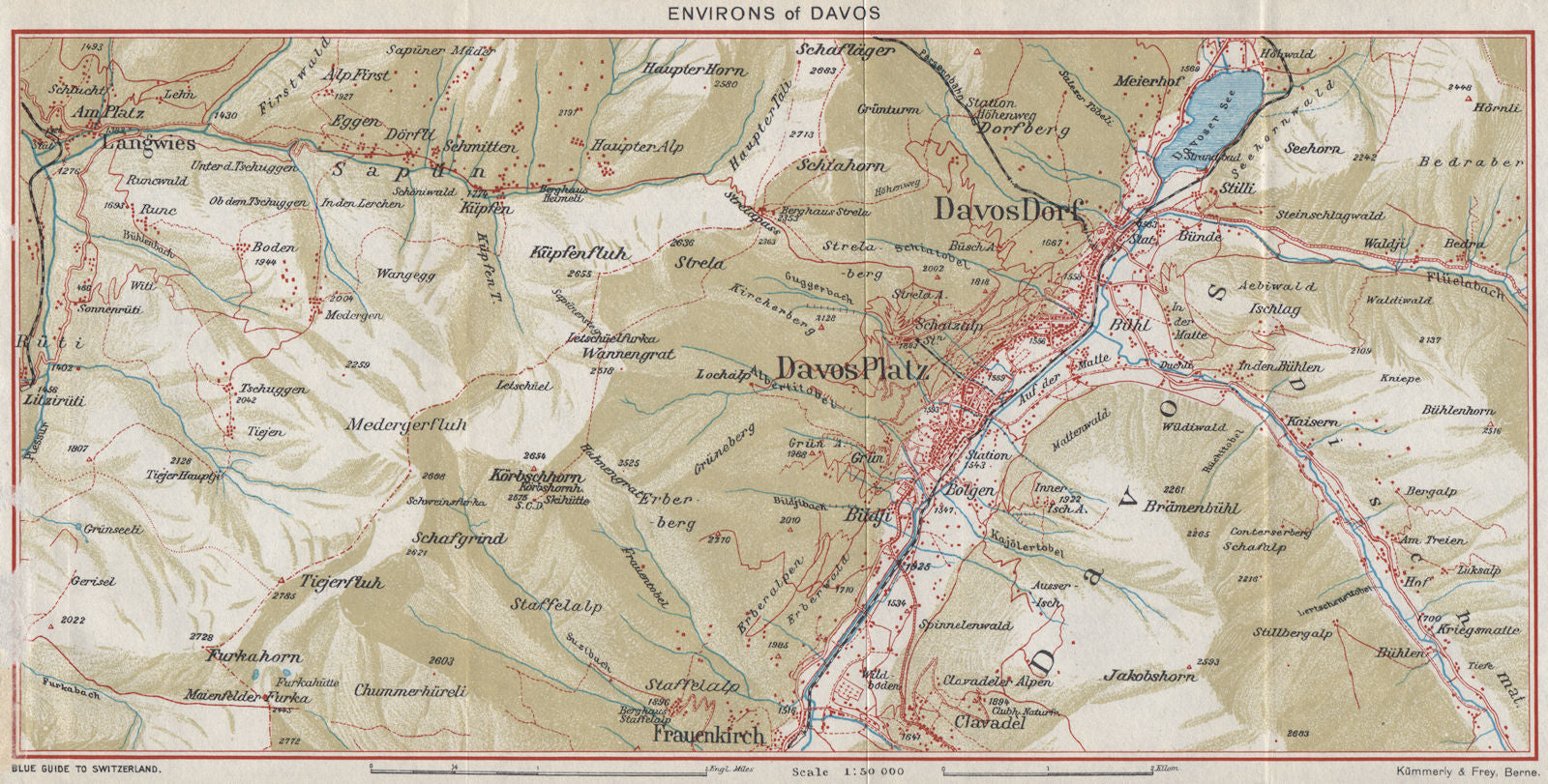 DAVOS & ENVIRONS. Davos Dorf Davos Platz. Vintage map plan. Switzerland 1948